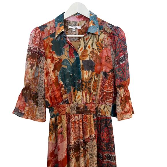 Chico's Tapestry Print Tiered Ruffled Shirt Dress Midi Boho Floral Collared 00 2 - Picture 5 of 10